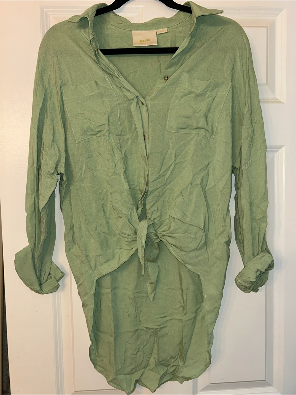 Maeve Sage Green Tie-Front Button Down Shirt